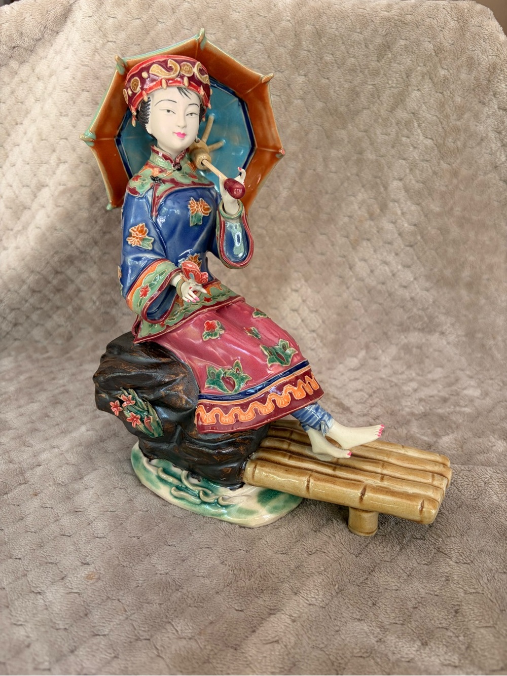 Hand-Painted Ceramic Figurine of a Chinese lady Figurine with umbrella